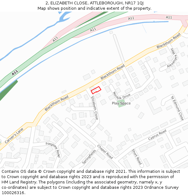 2, ELIZABETH CLOSE, ATTLEBOROUGH, NR17 1QJ: Location map and indicative extent of plot