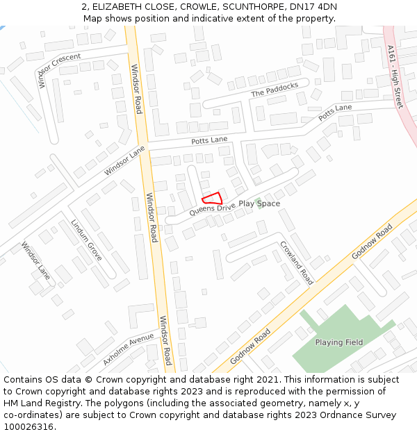 2, ELIZABETH CLOSE, CROWLE, SCUNTHORPE, DN17 4DN: Location map and indicative extent of plot