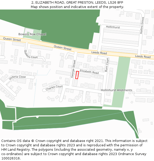 2, ELIZABETH ROAD, GREAT PRESTON, LEEDS, LS26 8FP: Location map and indicative extent of plot