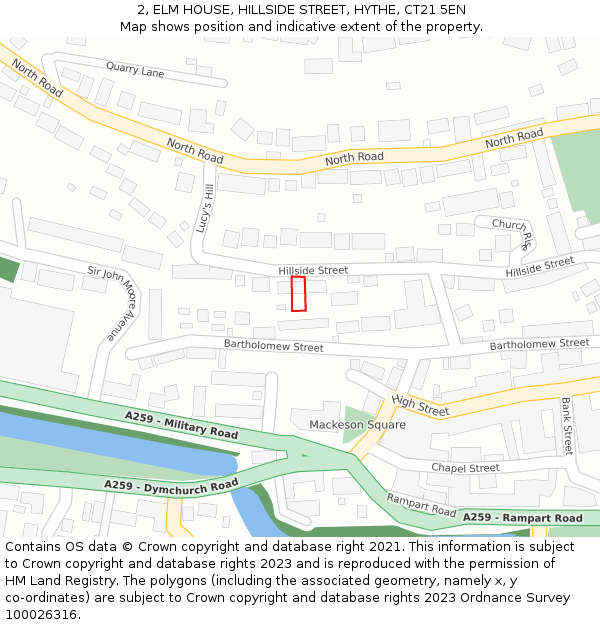 2, ELM HOUSE, HILLSIDE STREET, HYTHE, CT21 5EN: Location map and indicative extent of plot
