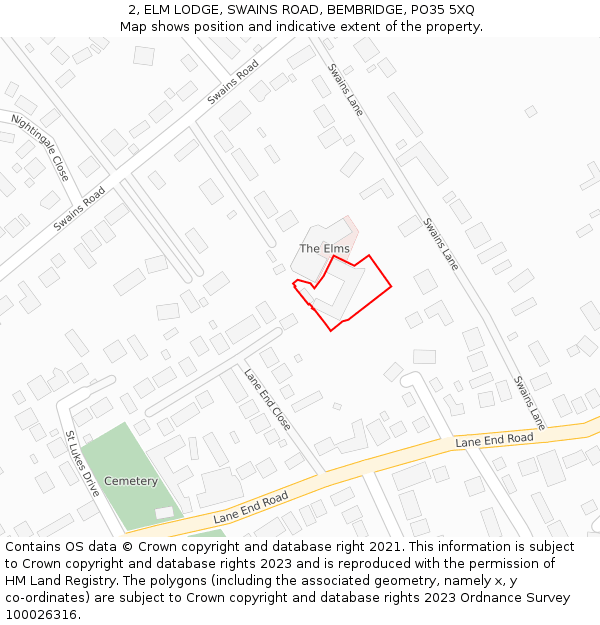 2, ELM LODGE, SWAINS ROAD, BEMBRIDGE, PO35 5XQ: Location map and indicative extent of plot