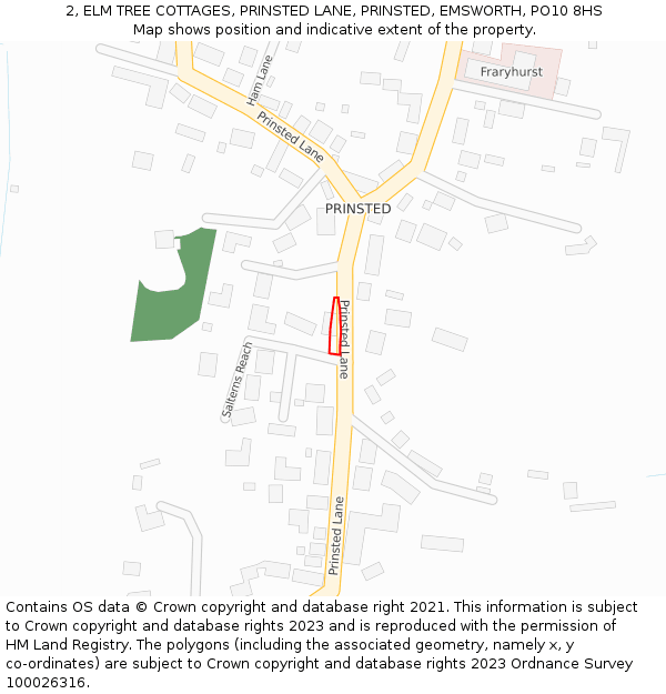 2, ELM TREE COTTAGES, PRINSTED LANE, PRINSTED, EMSWORTH, PO10 8HS: Location map and indicative extent of plot