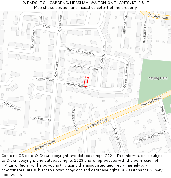 2, ENDSLEIGH GARDENS, HERSHAM, WALTON-ON-THAMES, KT12 5HE: Location map and indicative extent of plot