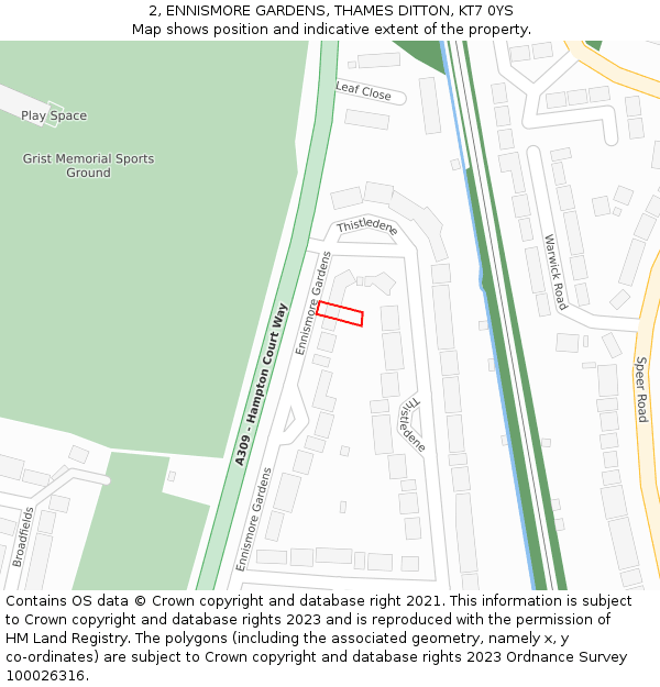 2, ENNISMORE GARDENS, THAMES DITTON, KT7 0YS: Location map and indicative extent of plot