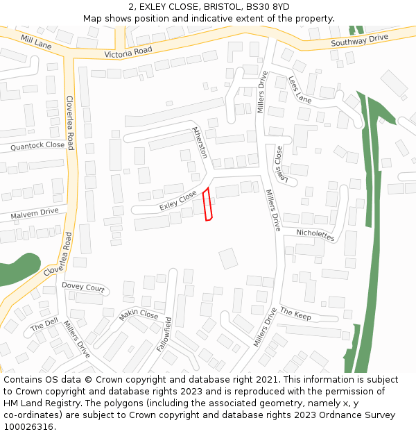 2, EXLEY CLOSE, BRISTOL, BS30 8YD: Location map and indicative extent of plot
