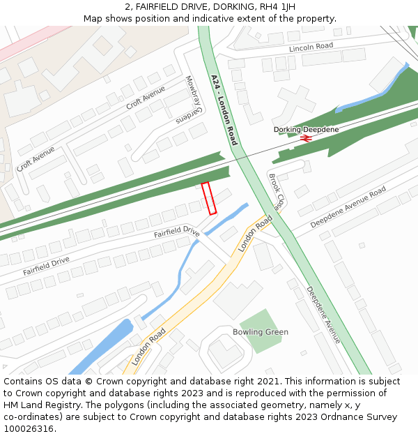 2, FAIRFIELD DRIVE, DORKING, RH4 1JH: Location map and indicative extent of plot