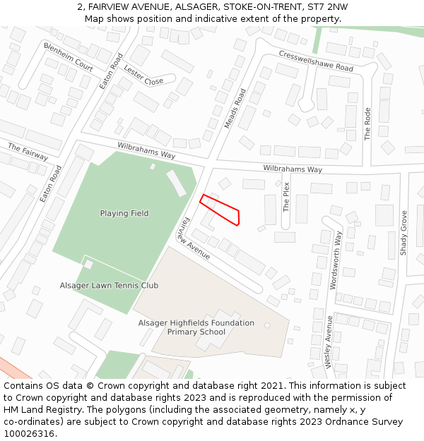 2, FAIRVIEW AVENUE, ALSAGER, STOKE-ON-TRENT, ST7 2NW: Location map and indicative extent of plot