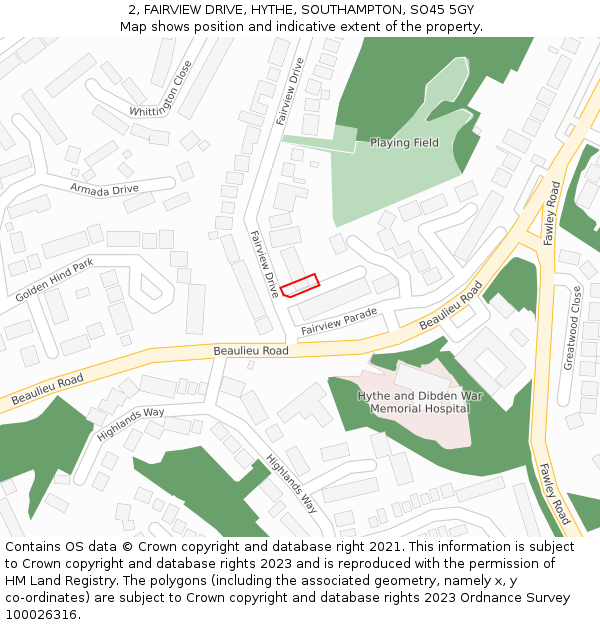 2, FAIRVIEW DRIVE, HYTHE, SOUTHAMPTON, SO45 5GY: Location map and indicative extent of plot