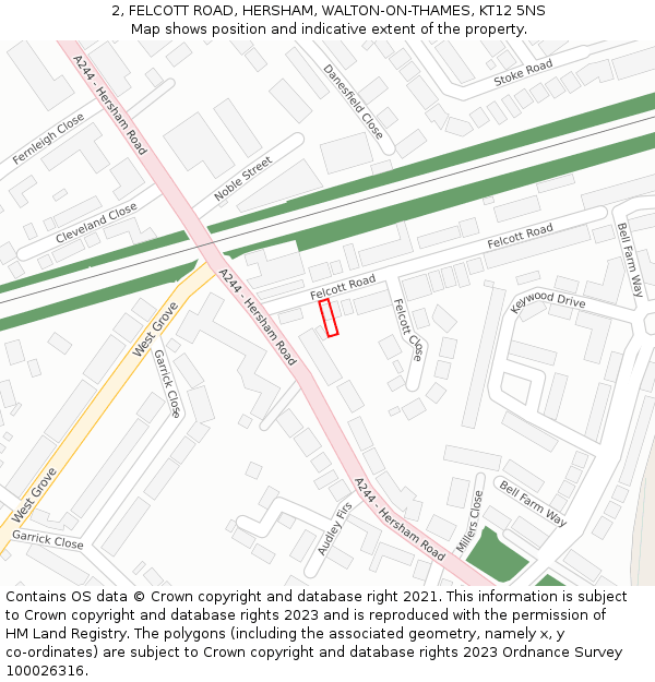 2, FELCOTT ROAD, HERSHAM, WALTON-ON-THAMES, KT12 5NS: Location map and indicative extent of plot