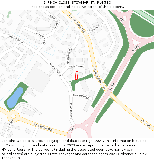 2, FINCH CLOSE, STOWMARKET, IP14 5BQ: Location map and indicative extent of plot