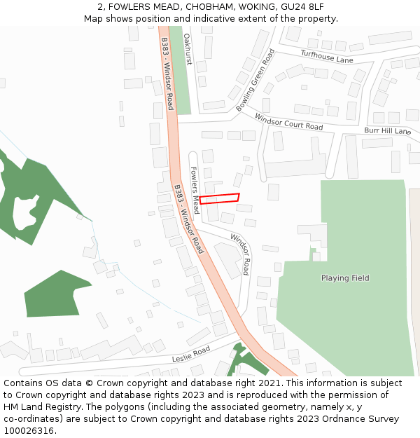 2, FOWLERS MEAD, CHOBHAM, WOKING, GU24 8LF: Location map and indicative extent of plot
