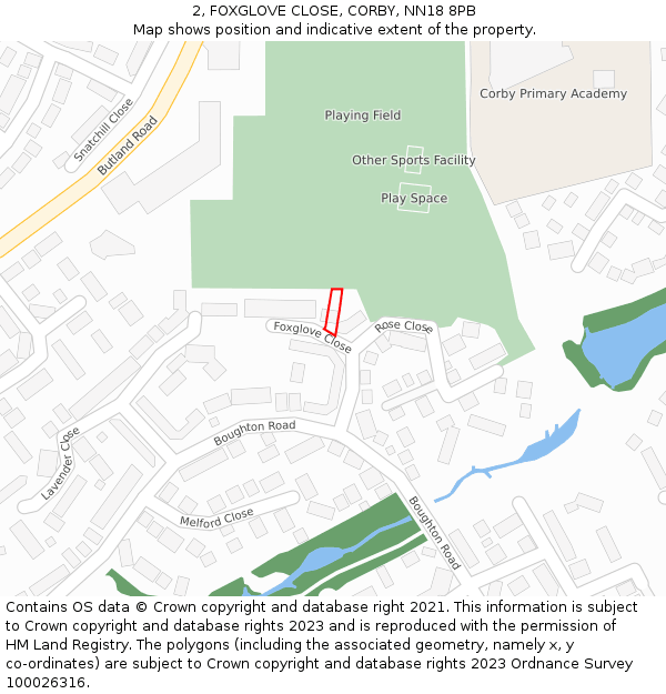 2, FOXGLOVE CLOSE, CORBY, NN18 8PB: Location map and indicative extent of plot