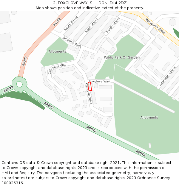 2, FOXGLOVE WAY, SHILDON, DL4 2DZ: Location map and indicative extent of plot