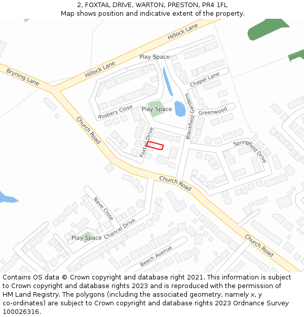 2, FOXTAIL DRIVE, WARTON, PRESTON, PR4 1FL: Location map and indicative extent of plot
