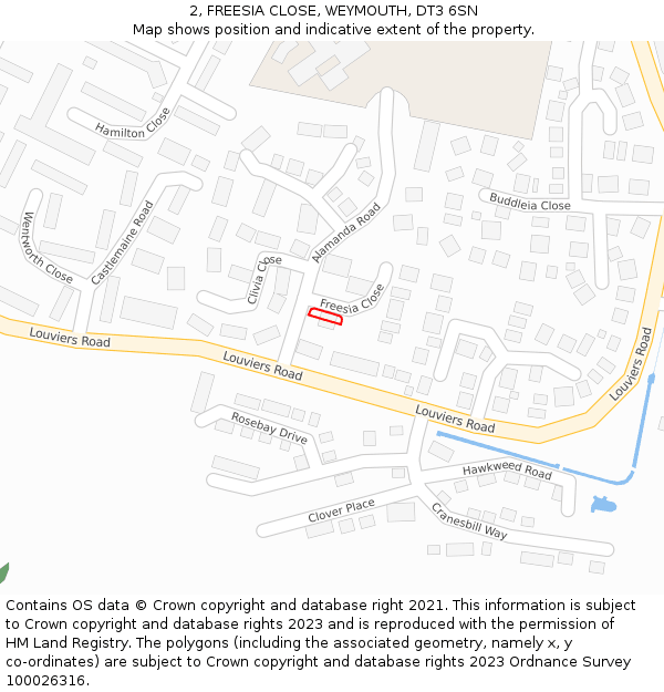 2, FREESIA CLOSE, WEYMOUTH, DT3 6SN: Location map and indicative extent of plot