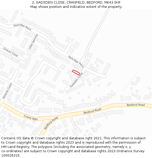 2, GADSDEN CLOSE, CRANFIELD, BEDFORD, MK43 0HF: Location map and indicative extent of plot