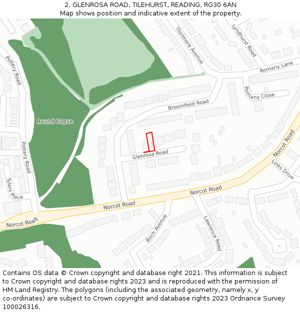 2, GLENROSA ROAD, TILEHURST, READING, RG30 6AN: Location map and indicative extent of plot