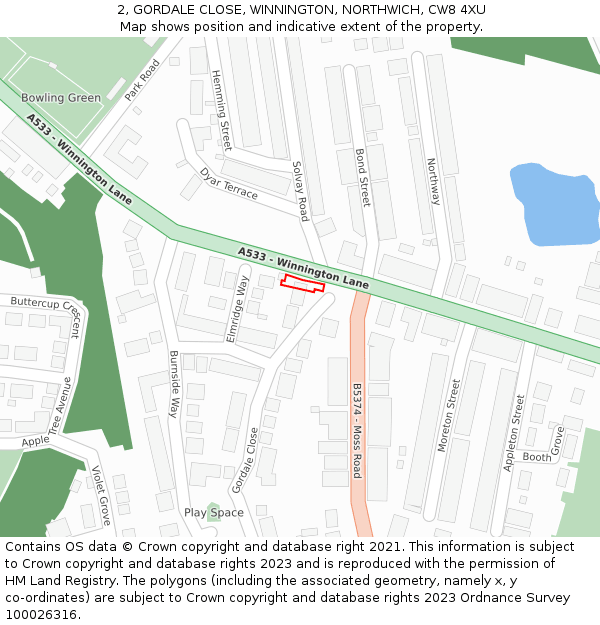 2, GORDALE CLOSE, WINNINGTON, NORTHWICH, CW8 4XU: Location map and indicative extent of plot