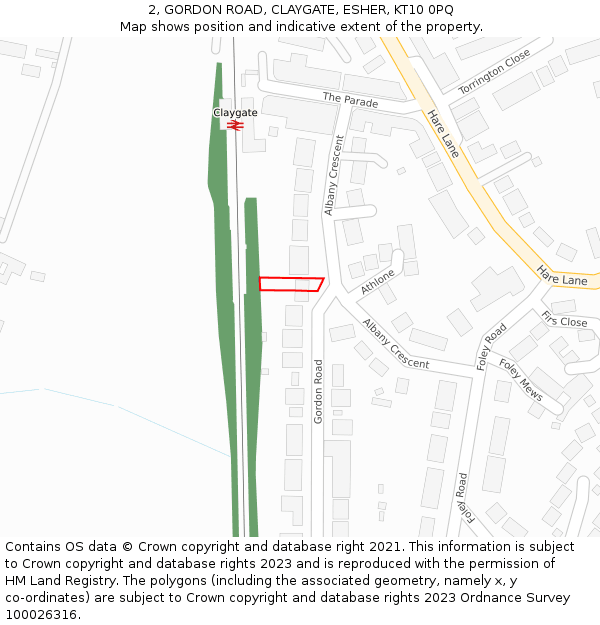 2, GORDON ROAD, CLAYGATE, ESHER, KT10 0PQ: Location map and indicative extent of plot