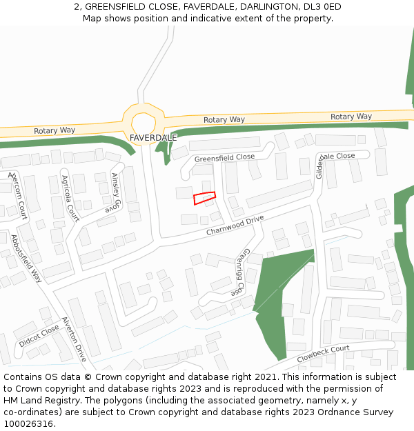 2, GREENSFIELD CLOSE, FAVERDALE, DARLINGTON, DL3 0ED: Location map and indicative extent of plot