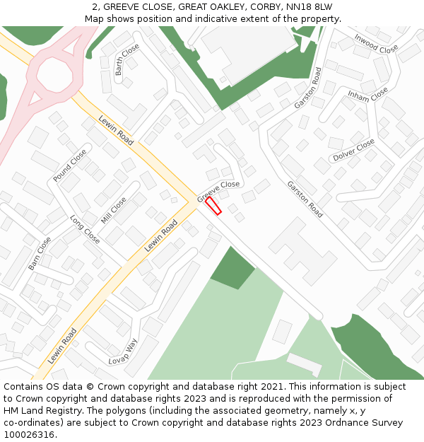 2, GREEVE CLOSE, GREAT OAKLEY, CORBY, NN18 8LW: Location map and indicative extent of plot