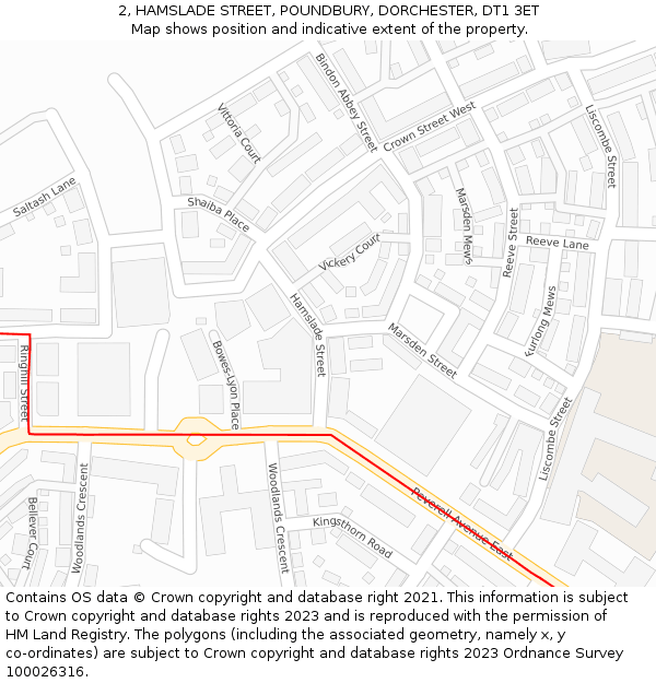 2, HAMSLADE STREET, POUNDBURY, DORCHESTER, DT1 3ET: Location map and indicative extent of plot