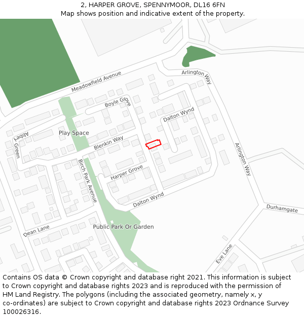 2, HARPER GROVE, SPENNYMOOR, DL16 6FN: Location map and indicative extent of plot