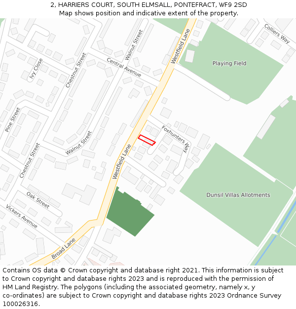 2, HARRIERS COURT, SOUTH ELMSALL, PONTEFRACT, WF9 2SD: Location map and indicative extent of plot