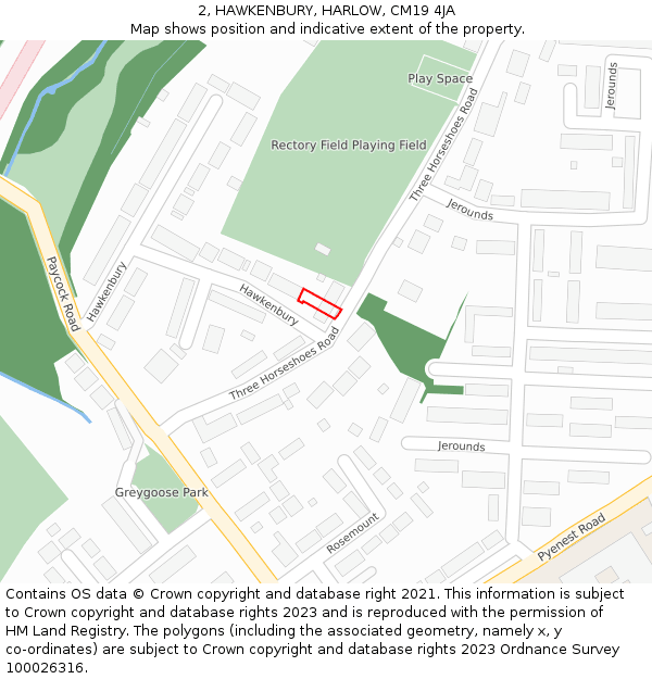 2, HAWKENBURY, HARLOW, CM19 4JA: Location map and indicative extent of plot