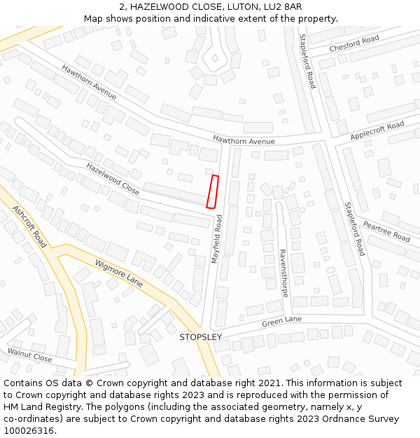 2, HAZELWOOD CLOSE, LUTON, LU2 8AR: Location map and indicative extent of plot