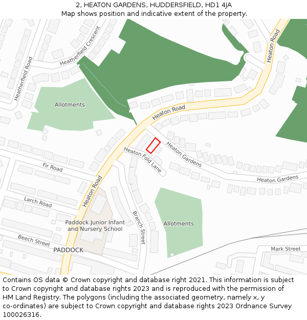 2, HEATON GARDENS, HUDDERSFIELD, HD1 4JA: Location map and indicative extent of plot
