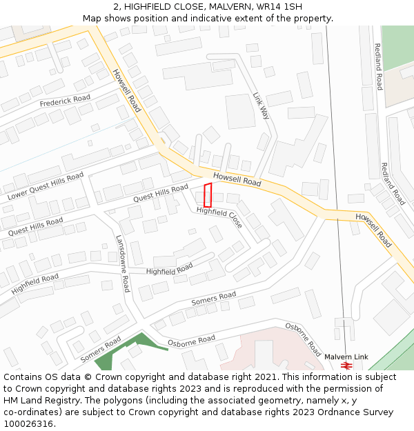 2, HIGHFIELD CLOSE, MALVERN, WR14 1SH: Location map and indicative extent of plot