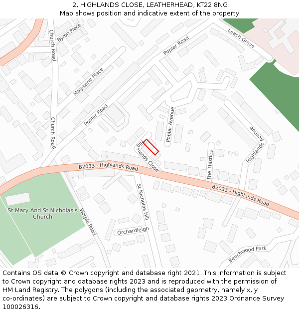 2, HIGHLANDS CLOSE, LEATHERHEAD, KT22 8NG: Location map and indicative extent of plot