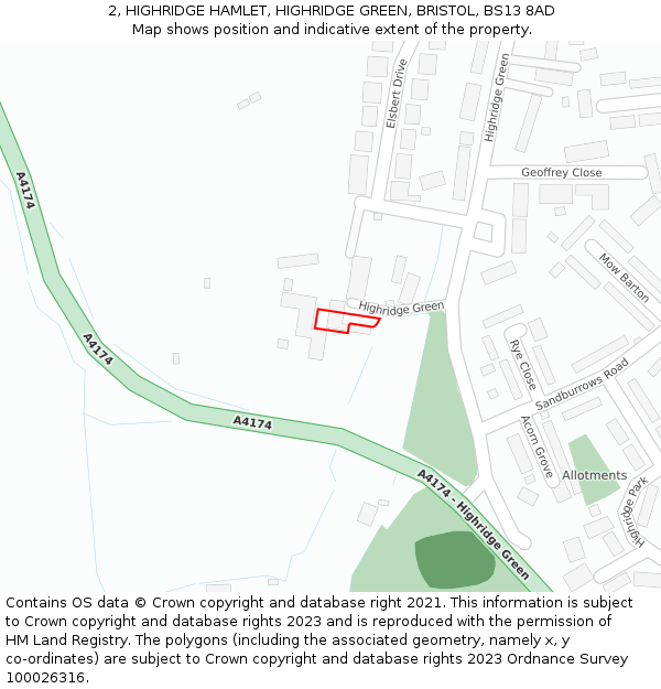 2, HIGHRIDGE HAMLET, HIGHRIDGE GREEN, BRISTOL, BS13 8AD: Location map and indicative extent of plot