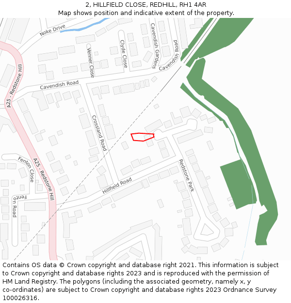 2, HILLFIELD CLOSE, REDHILL, RH1 4AR: Location map and indicative extent of plot