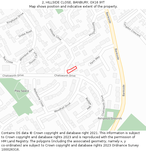 2, HILLSIDE CLOSE, BANBURY, OX16 9YT: Location map and indicative extent of plot