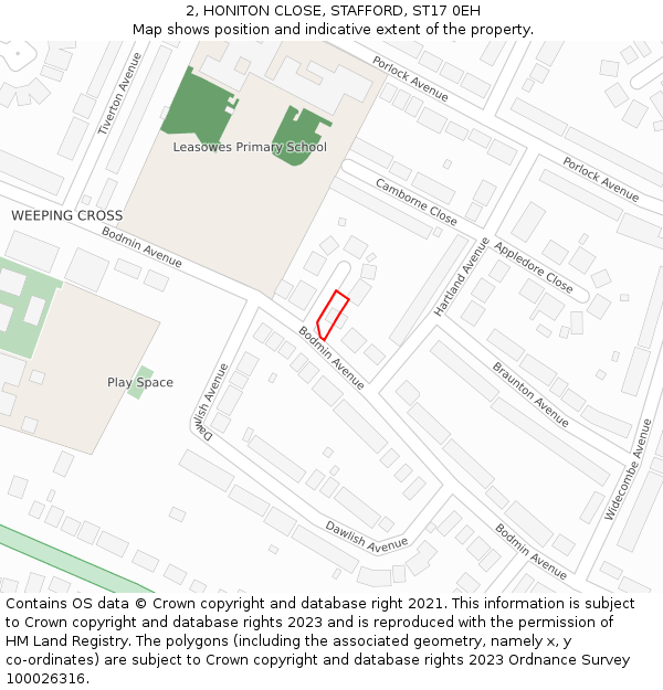 2, HONITON CLOSE, STAFFORD, ST17 0EH: Location map and indicative extent of plot