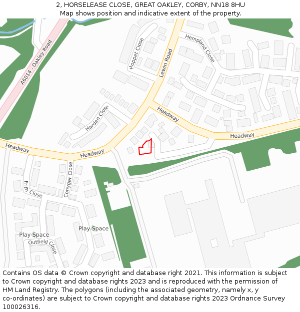 2, HORSELEASE CLOSE, GREAT OAKLEY, CORBY, NN18 8HU: Location map and indicative extent of plot