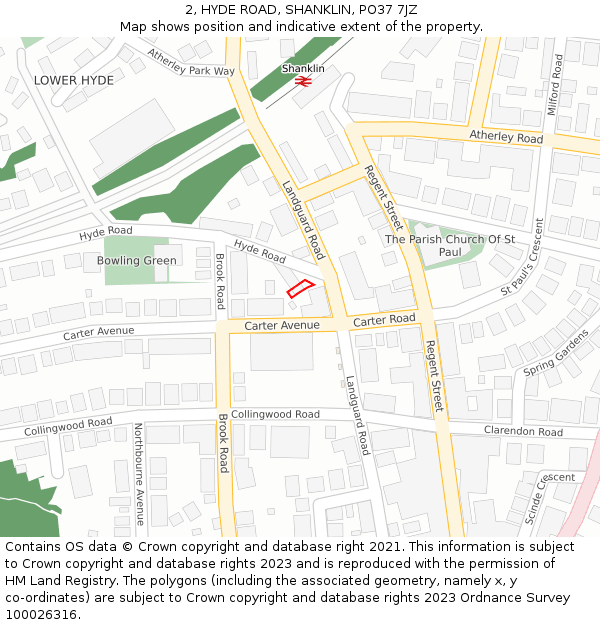 2, HYDE ROAD, SHANKLIN, PO37 7JZ: Location map and indicative extent of plot