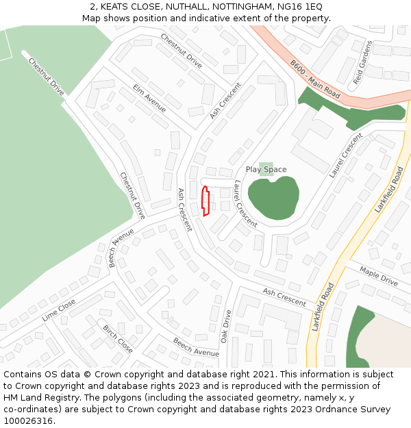2, KEATS CLOSE, NUTHALL, NOTTINGHAM, NG16 1EQ: Location map and indicative extent of plot
