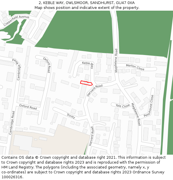2, KEBLE WAY, OWLSMOOR, SANDHURST, GU47 0XA: Location map and indicative extent of plot