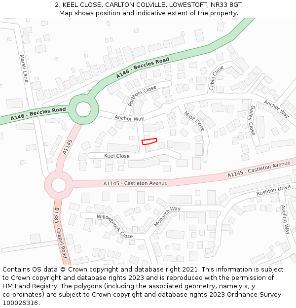 2, KEEL CLOSE, CARLTON COLVILLE, LOWESTOFT, NR33 8GT: Location map and indicative extent of plot