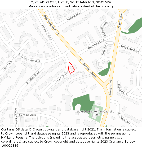 2, KELVIN CLOSE, HYTHE, SOUTHAMPTON, SO45 5LW: Location map and indicative extent of plot