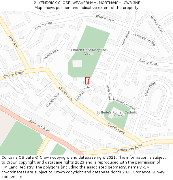 2, KENDRICK CLOSE, WEAVERHAM, NORTHWICH, CW8 3NF: Location map and indicative extent of plot