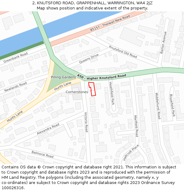 2, KNUTSFORD ROAD, GRAPPENHALL, WARRINGTON, WA4 2JZ: Location map and indicative extent of plot