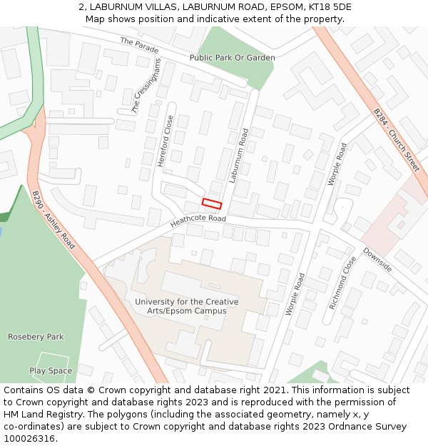 2, LABURNUM VILLAS, LABURNUM ROAD, EPSOM, KT18 5DE: Location map and indicative extent of plot