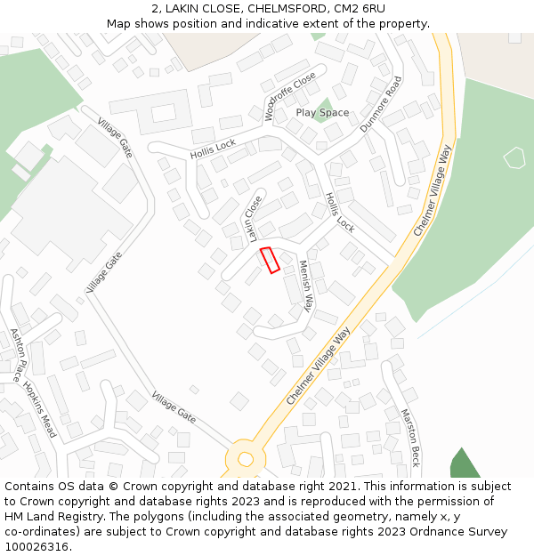 2, LAKIN CLOSE, CHELMSFORD, CM2 6RU: Location map and indicative extent of plot