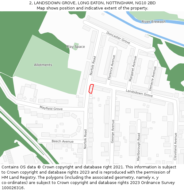 2, LANDSDOWN GROVE, LONG EATON, NOTTINGHAM, NG10 2BD: Location map and indicative extent of plot