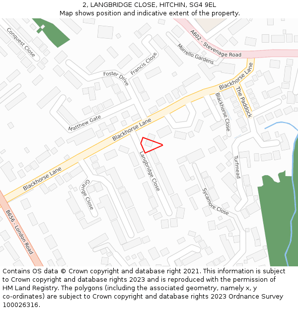 2, LANGBRIDGE CLOSE, HITCHIN, SG4 9EL: Location map and indicative extent of plot
