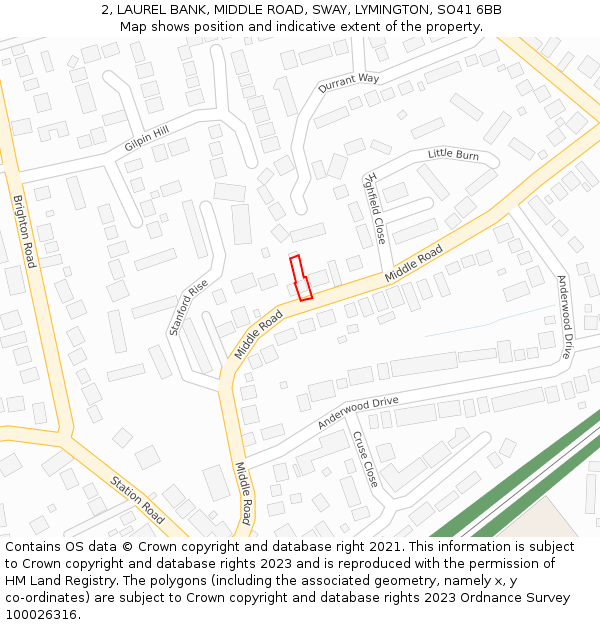 2, LAUREL BANK, MIDDLE ROAD, SWAY, LYMINGTON, SO41 6BB: Location map and indicative extent of plot